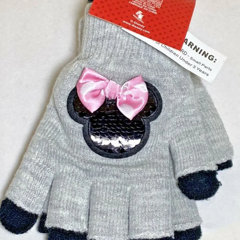 Girls disney minnie mouse gloves flip sequin black grey